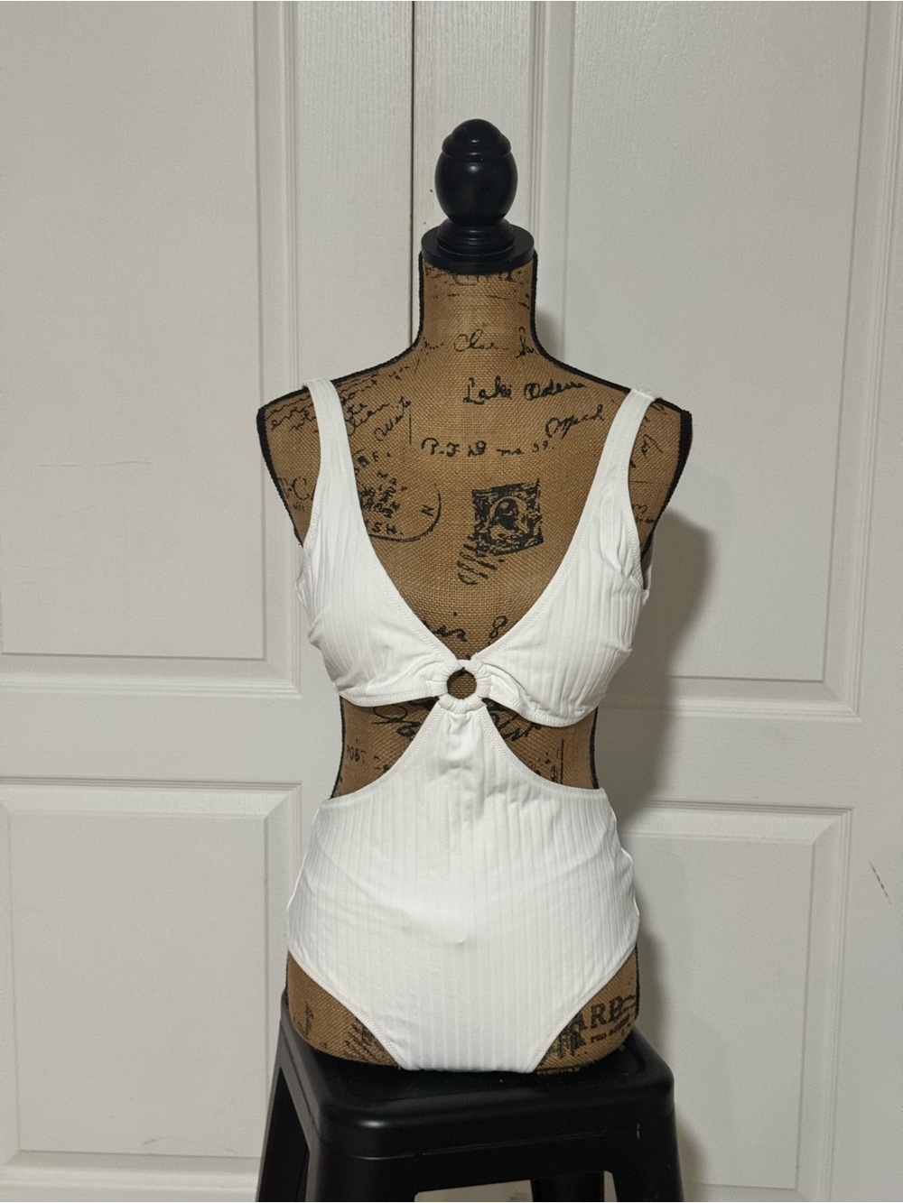 aerie White Ribbed Cutout One-Piece Bodysuit with Ring Detail